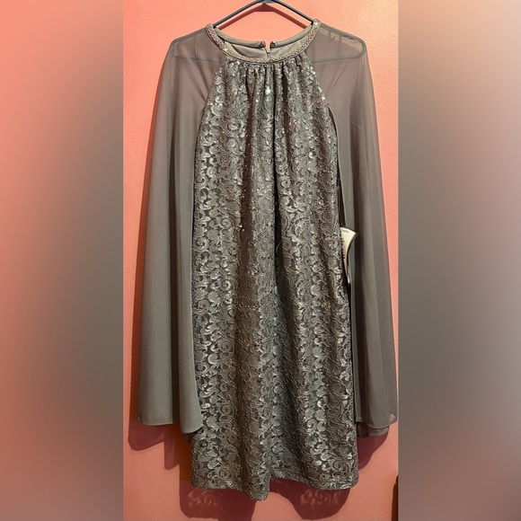Glitter Lace Cape Cocktail Dress Silver - Picture 1 of 3